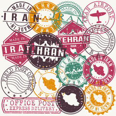 Fototapeta premium Tehran Iran Set of Stamps. Travel Stamp. Made In Product. Design Seals Old Style Insignia.