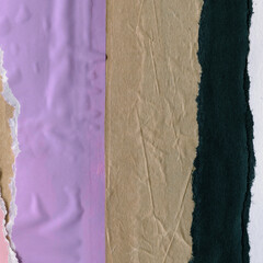 Colorful torn paper collage close-up. Texture made from various paper and cardboard parts. Damaged...