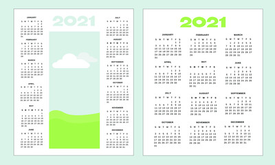 Calendar 2021 year set with vertical orientation. Week starts on Sunday.  Set of calendar numbers for your own design simple isolated on white background. No allocation of holidays. English language.