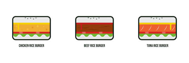 Flat style rice burger illustration design template set isolated in white, suitable for restaurant logo etc