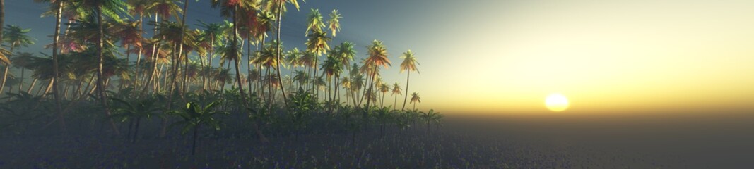 Obraz premium Palm trees at dawn in the sun, beach with palm trees in the fog, jungle in the haze, 3D rendering