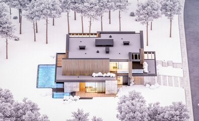 3d rendering of modern cozy house with parking and pool for sale or rent with wood plank facade and beautiful landscaping on background. Cool winter evening with cozy light from windows
