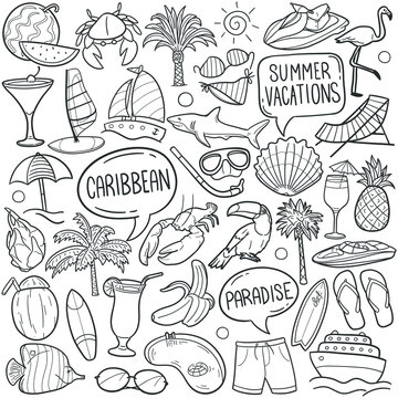 Caribbean doodle icon set. Vacations Vector illustration collection. Beach Hand drawn Line art style.