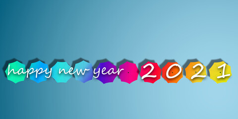 3D illustration.Top view blue background with umbrellas and "happy new year 2021" text