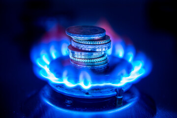 Gas stove, with fire lit and coins. Gas cost.
