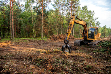 Excavator Grapple during clearing forest for new development. Tracked Backhoe with forest clamp for...