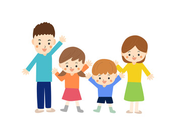 笑顔で手を振る4人家族（全身）05