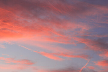 Sky, skyline. red, yellow, orange clouds. blue sky. Sunset