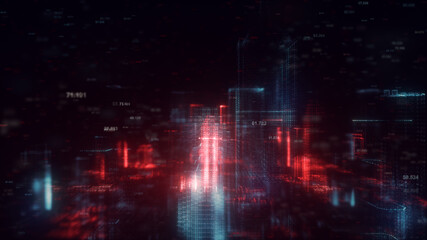 Night city, huge futuristic megapolis, digital hologram skyscrapers, architectural technology constructions of luminous lines and particles, data centers, 3d rendering