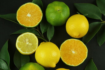 Group of lemons with leaves, isolated on background