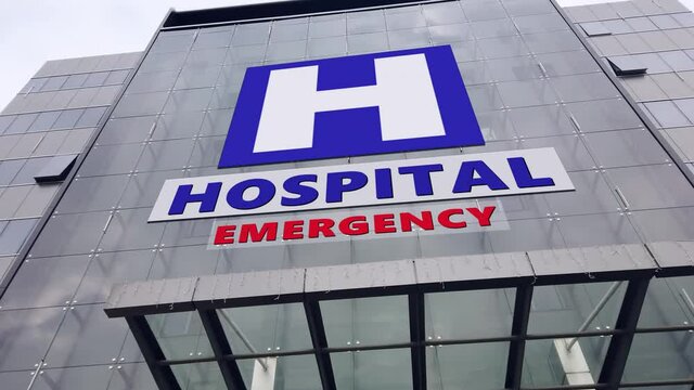 Hospital and Emergency signs montage on public building . Health care Hospital exterior building, establishment shoot
