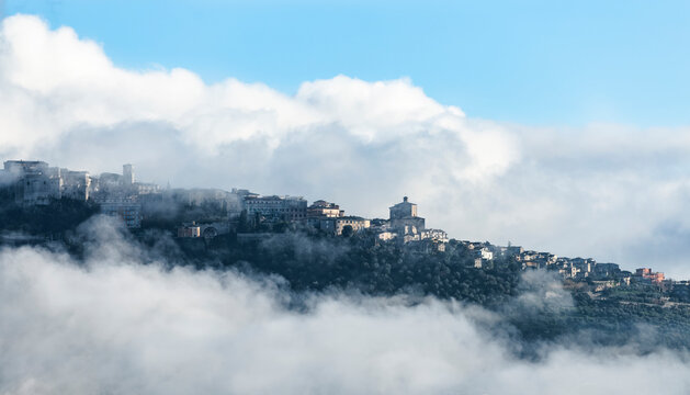 Stunning panoramic view of the village of Veroli during a cloudy day. Veroli is a town and comune in province of Frosinone, Lazio, central Italy.