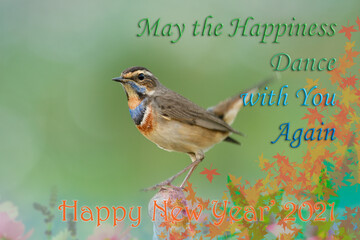 happy new year 2021 wishing with dancing bird on branch decorated with maple leafs