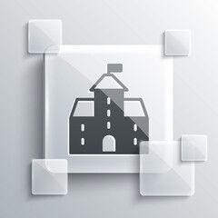 Grey Castle icon isolated on grey background. Medieval fortress with a tower. Protection from enemies. Reliability and defense of the city. Square glass panels. Vector.