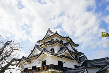 Hikone Castle with red and yellow foliage in Hikone City of Shiga, Japan - 日本 滋賀県 彦根城 秋 紅葉