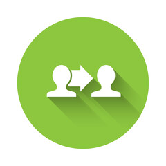 White Project team base icon isolated with long shadow. Business analysis and planning, consulting, team work, project management. Green circle button. Vector.