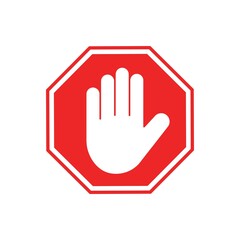 Red stop sign with human hand, forbidding sign or symbol. vector illustration