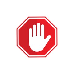 Red stop sign with human hand, forbidding sign or symbol. vector illustration