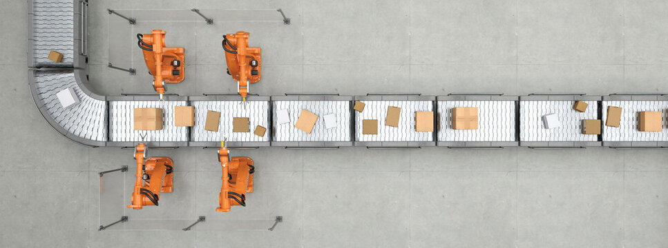 Fließband von oben in Logistikzentrum mit Paketen und Robotern