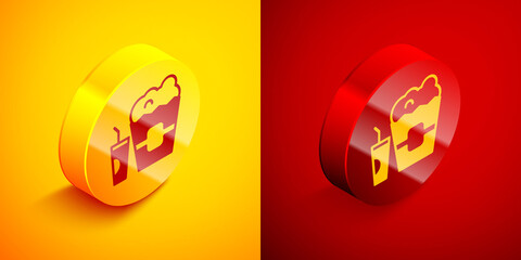 Isometric Popcorn in cardboard box and paper glass with drinking straw and water icon isolated on orange and red background. Soda drink glass. Circle button. Vector.