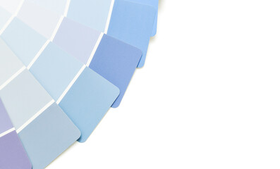 Color palette, shades of blue paint swatches on white background