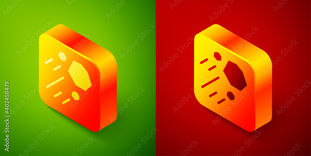 Poster isometric flying stone icon isolated on green and red background. square button. vector.