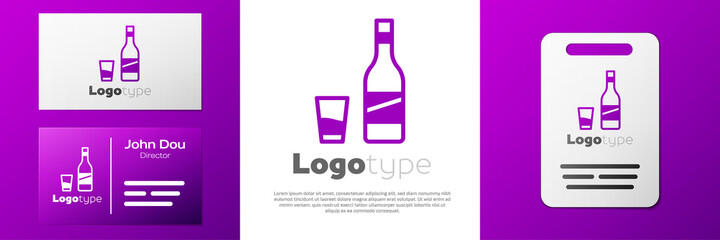 Logotype Bottle of vodka with glass icon isolated on white background. Logo design template element. Vector.
