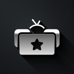 Silver Ushanka icon isolated on black background. Russian fur winter hat ushanka with star. Soviet Union uniform of KGB and NKVD. Long shadow style. Vector.