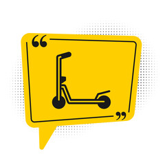 Black Roller scooter for children icon isolated on white background. Kick scooter or balance bike. Yellow speech bubble symbol. Vector.