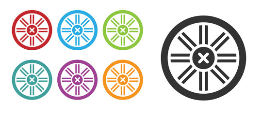 Black Old wooden wheel icon isolated on white background. Set icons colorful. Vector.