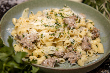 A delicious plate of Greek Yoghurt Pasta in a kitchen