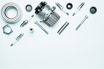 Auto valve. Motor mechanic spare or automotive piece isolated on white background. Set of new metal...