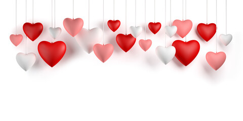 Hanging hearts. Valentines day greeting card design on white background