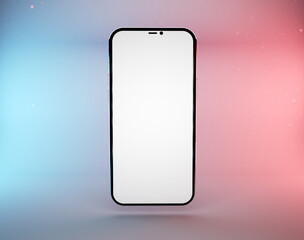 Smart phone front view with copy space, abstract background