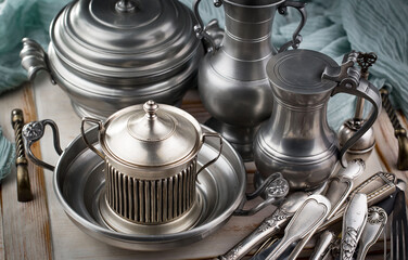 Silver dishes on old background