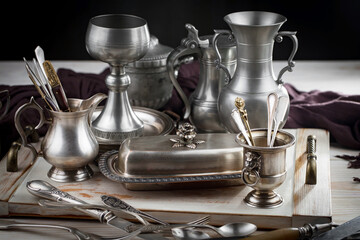 Silver dishes on old background