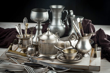 Silver dishes on old background