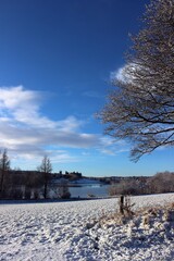 Linlithgow Loch, the Church, and Palace viewed from the east following a snowfall.