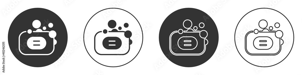 Poster black bar of soap icon isolated on white background. soap bar with bubbles. circle button. vector.