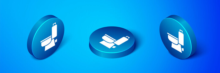 Isometric Toilet bowl icon isolated on blue background. Blue circle button. Vector.