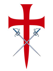 Vector illustration of two swords clashing over a red cross. Ideal design for chivalry and adventure comics.
