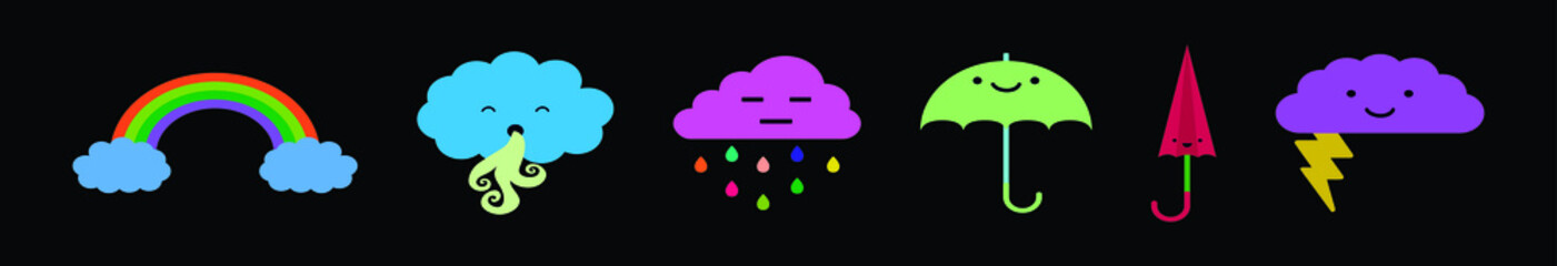 set of weather cartoon icon design template with various models. vector illustration isolated on black background