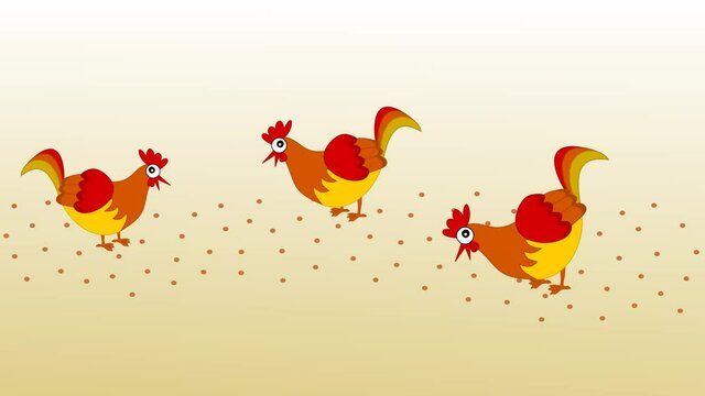 hens pecking seeds in a barnyard with yellow background - animation