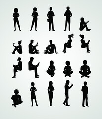 Man and women peoples black silhouette. Social vector illustration. Persons big set.