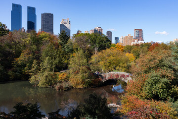 The Pond at Central Park during Autumn with the Gapstow Bridge and Colorful Trees in New York City