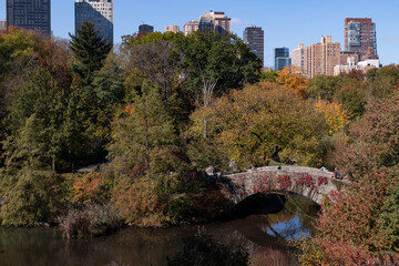 The Pond at Central Park during Autumn with the Gapstow Bridge and Colorful Trees in New York City