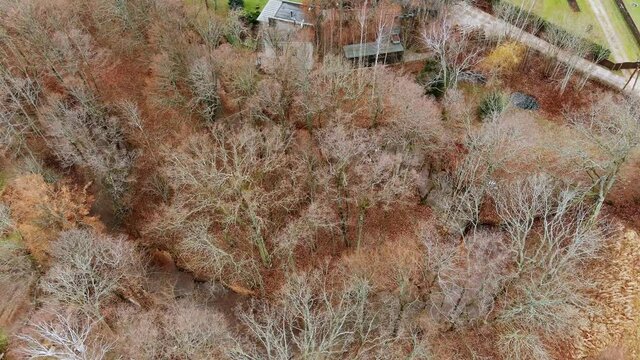 Small rural village from drone point of view with leafless trees and bendy river