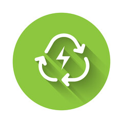 White Battery with recycle symbol line icon isolated with long shadow. Battery with recycling symbol - renewable energy concept. Green circle button. Vector.