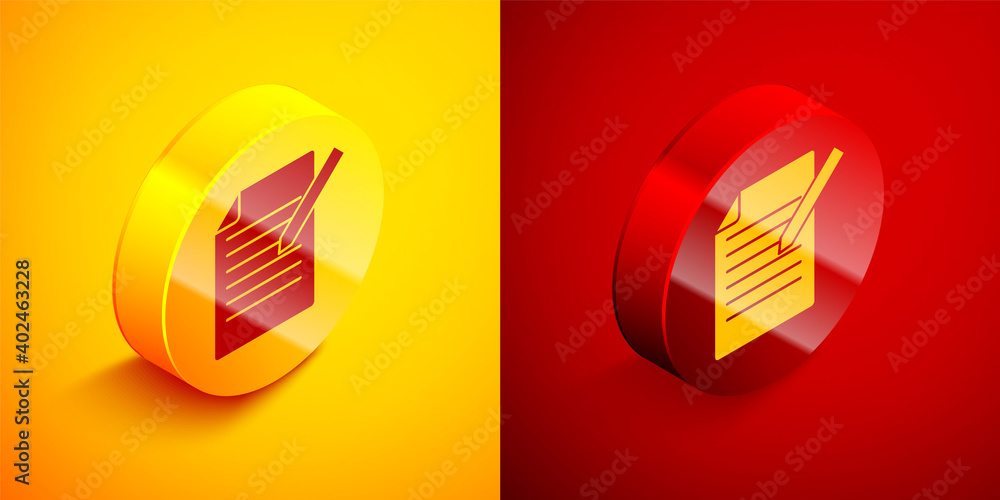 Poster isometric document and pen icon isolated on orange and red background. file icon. checklist icon. bu