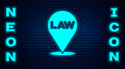 Glowing neon Location law icon isolated on brick wall background. Vector.